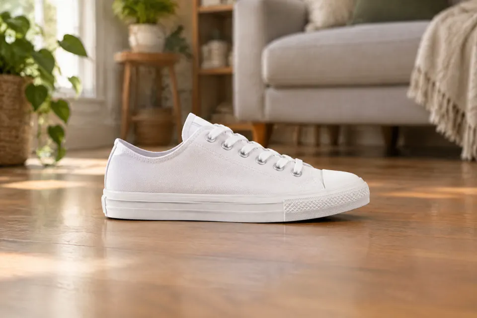 Original: a white canvas sneaker on a living-room wooden floor, with a sofa and plants behind