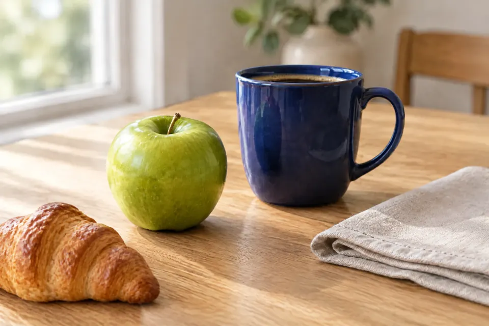 Dopo la modifica IA: la mela è verde, la tazza è in ceramica blu scuro e davanti a sinistra c'è un croissant; finestra, pianta e tovagliolo invariati
